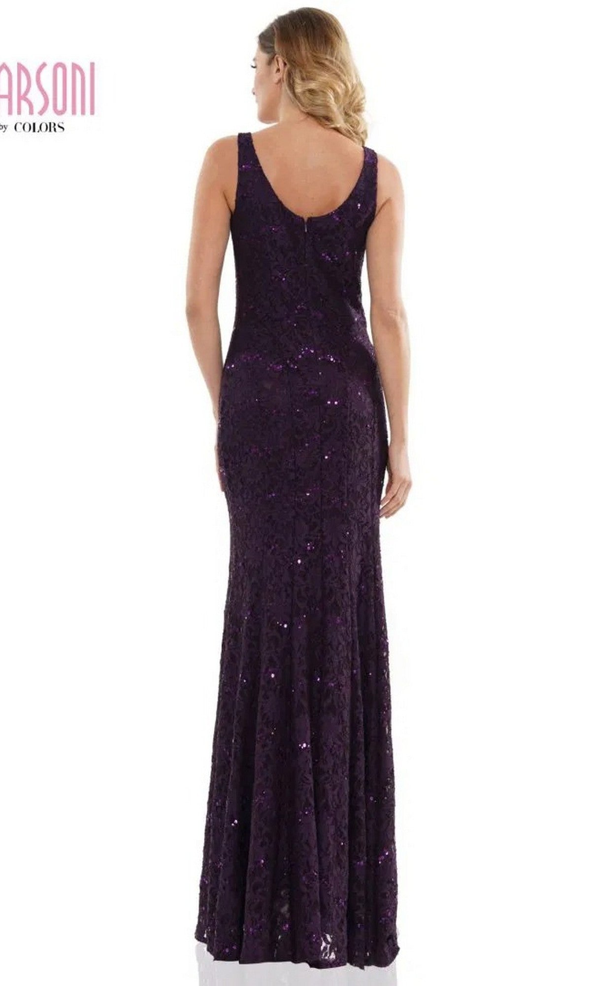 Woman shown from the back in a sleeveless, floor-length Marsoni M301 formal dress adorned with dark purple sequins, standing against a white background.
